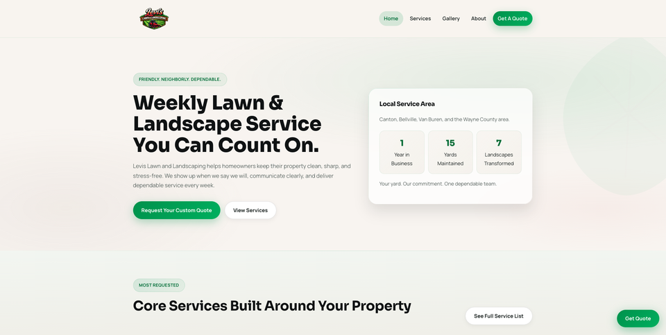 Levi's Lawn and Landscaping website screenshot